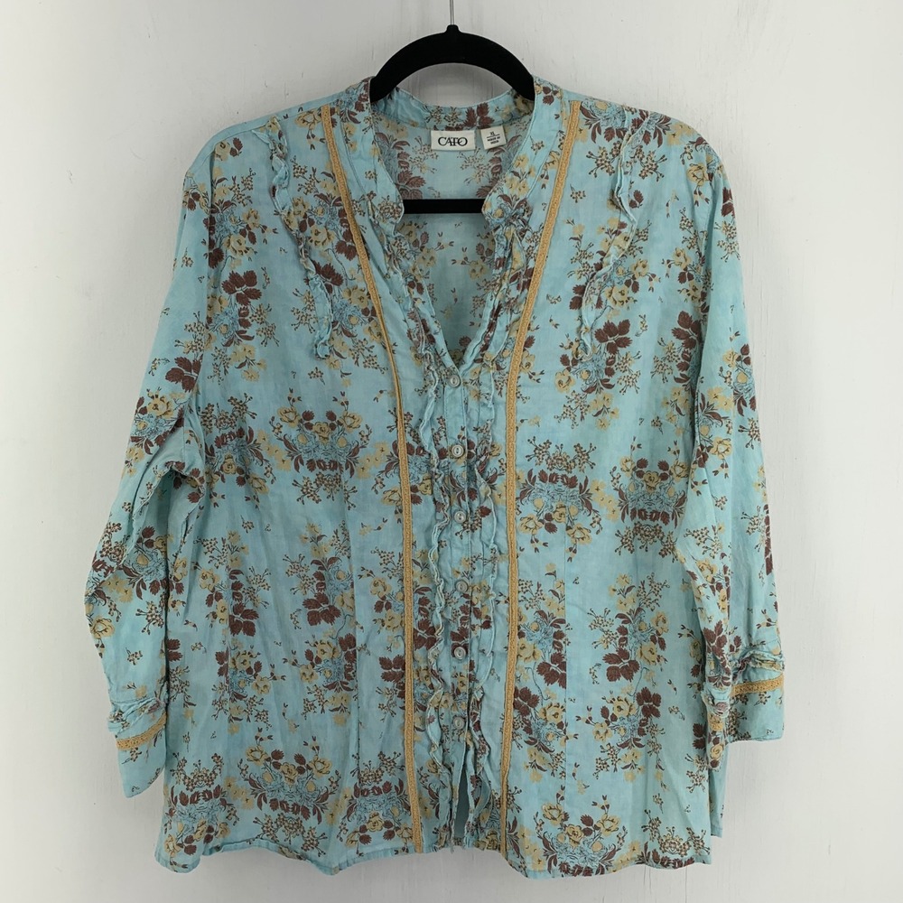 Floral Cotton Button Up Blouse Ruffle Trim 3/4 Sleeve Boho Cottagecore Shabby XL